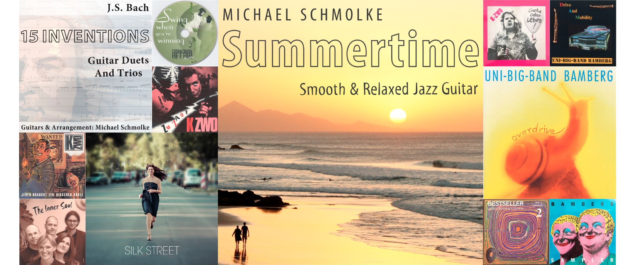Michael Schmolke als Gitarrist, Komponist oder Bandleader: Eine Collage von Album- und Single-Covers. SPASS BEISAITE Musikverlag.
